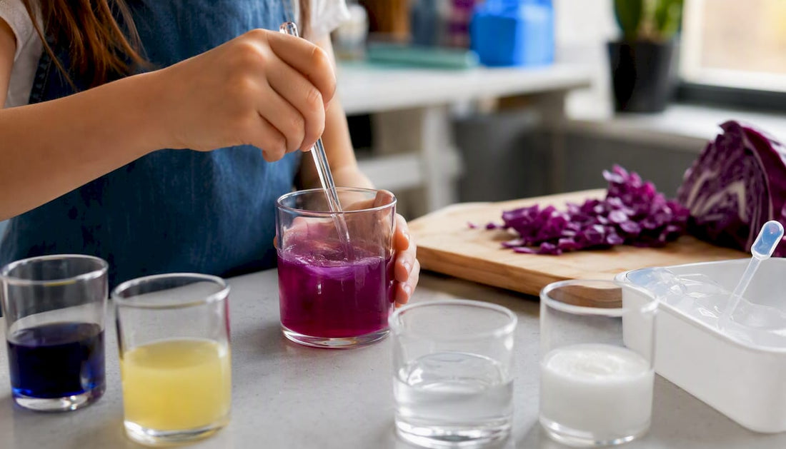 Child stirring red cabbage indicator in glass cup