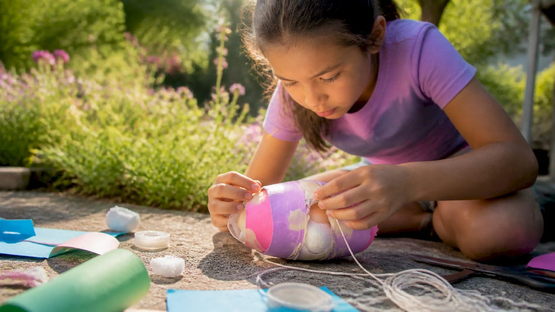 Student hands building egg drop device with everyday materials
