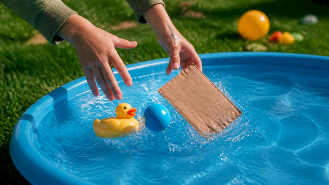 Child hands testing objects floating in water bowl