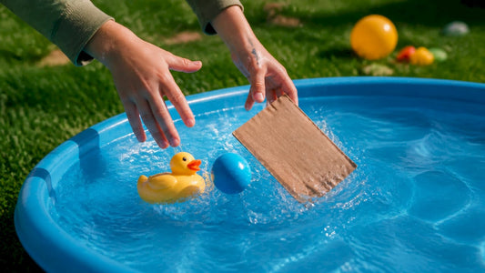 Child hands testing objects floating in water bowl