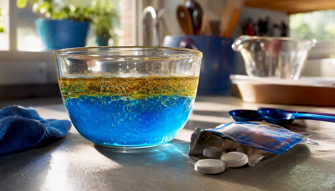 Plastic container layered with oil and colored water for lava lamp