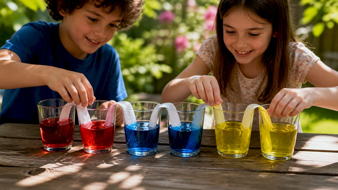 Kids setting up colorful walking water experiment