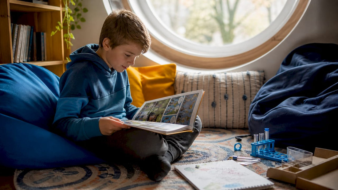 Child reading science-themed graphic novel