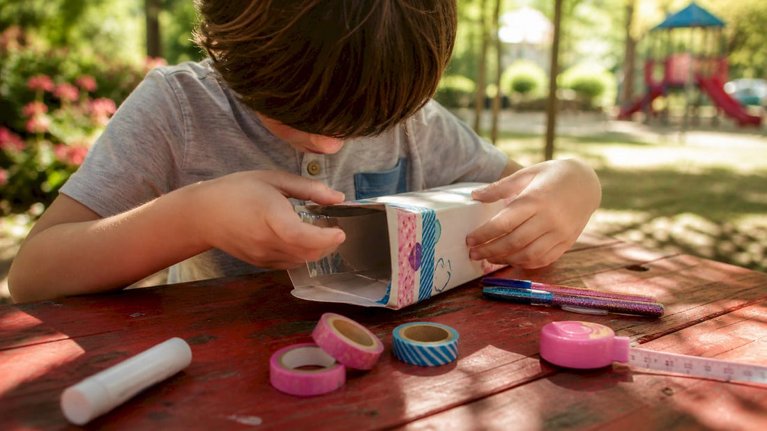 Child hands building a milk carton periscope