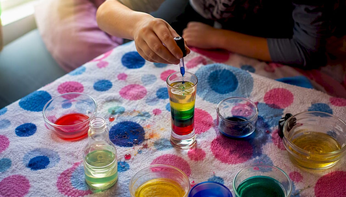 Child hands pouring liquids for density experiment