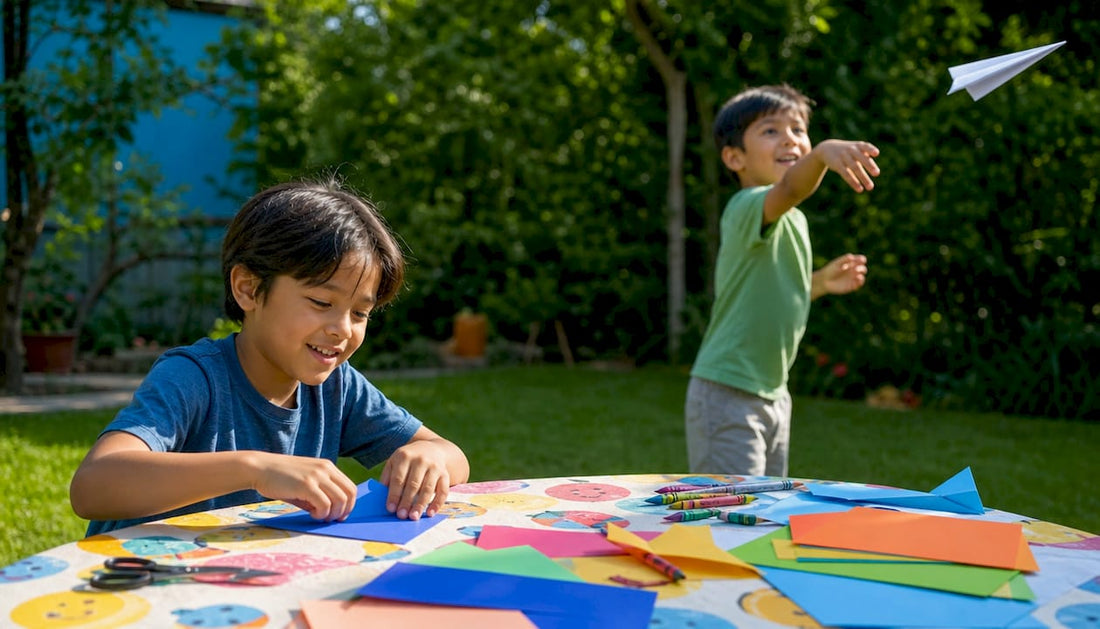 Children folding and throwing paper airplanes