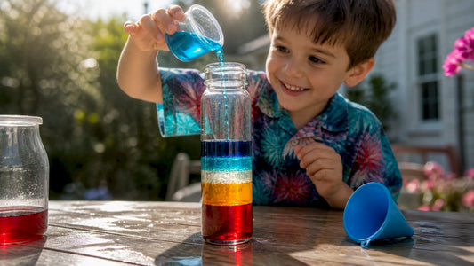 Child pouring colored liquids into jar for density tower