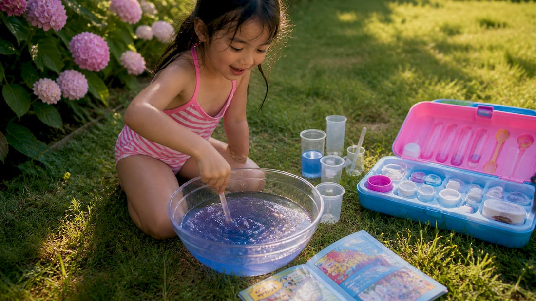 Child pouring colored water for science experiment