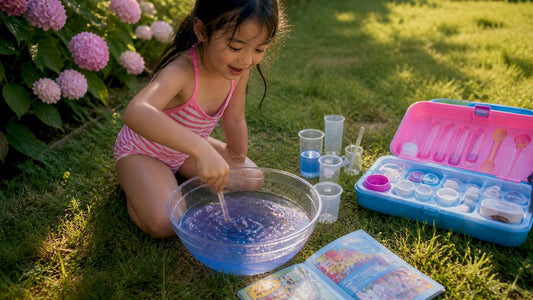 Child pouring colored water for science experiment