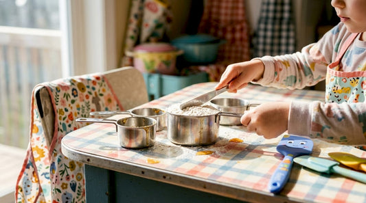 Child weighing flour on kitchen scale