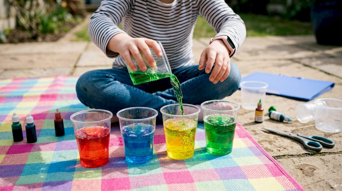 Children hands pouring colorful water for science experiment