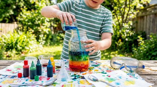Child hands mixing colorful liquids for science