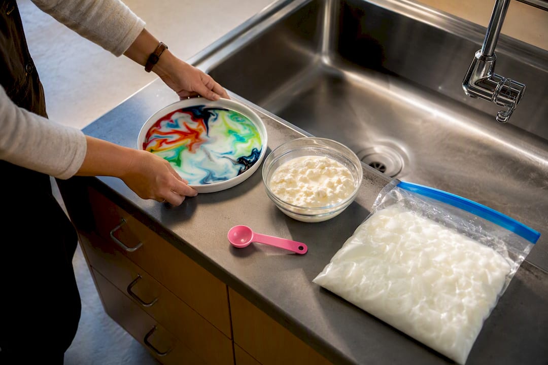Three low-mess milk experiments prepared for class