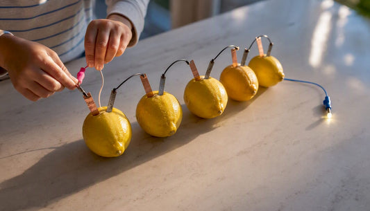Hands connecting a lemon battery to an LED