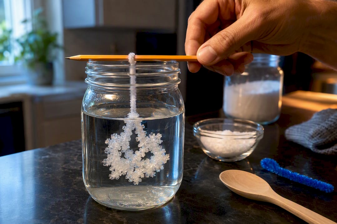 Borax crystals growing on a pipe cleaner