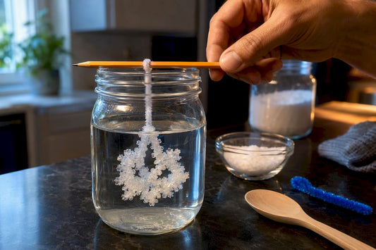Borax crystals growing on a pipe cleaner