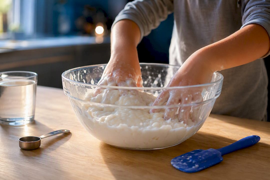 Child testing thick oobleck in a bowl