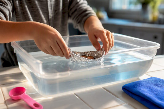 Child testing a foil boat with coins