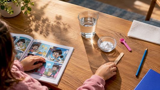 Child combining comic reading with science activity