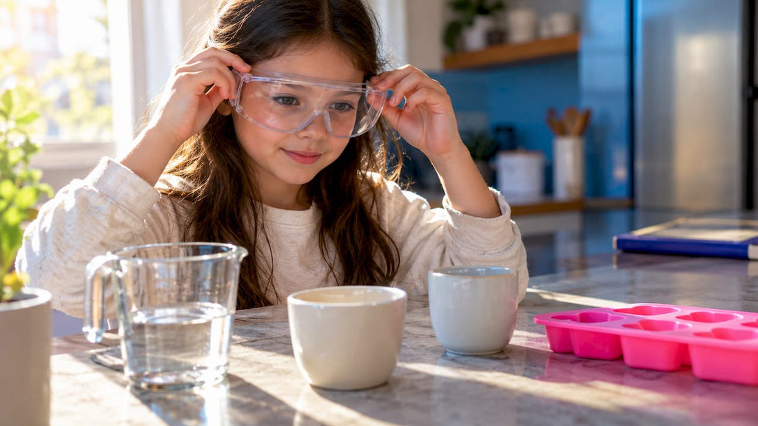 Child putting on goggles for kitchen chemistry