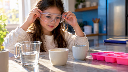 Child putting on goggles for kitchen chemistry