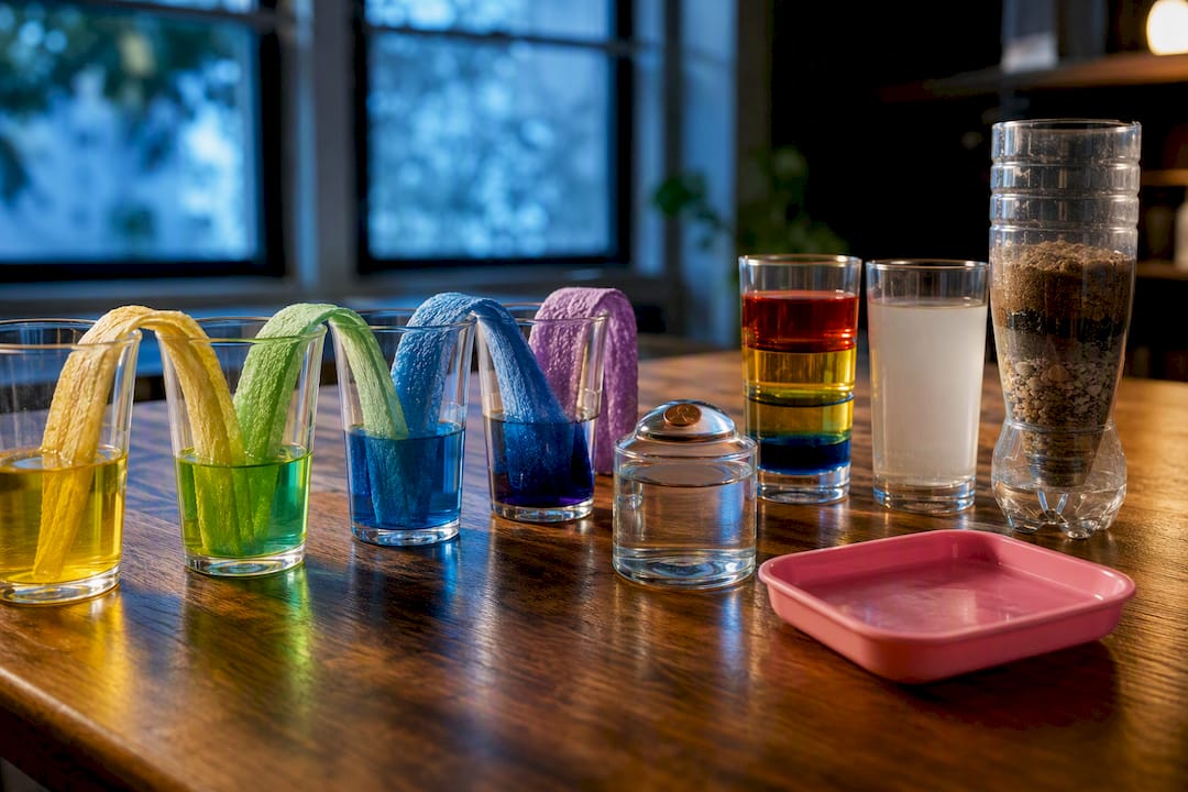 Water science experiments arranged on workbench