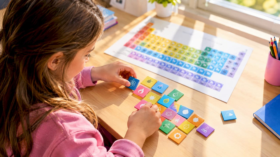 Child arranging colorful periodic table tiles
