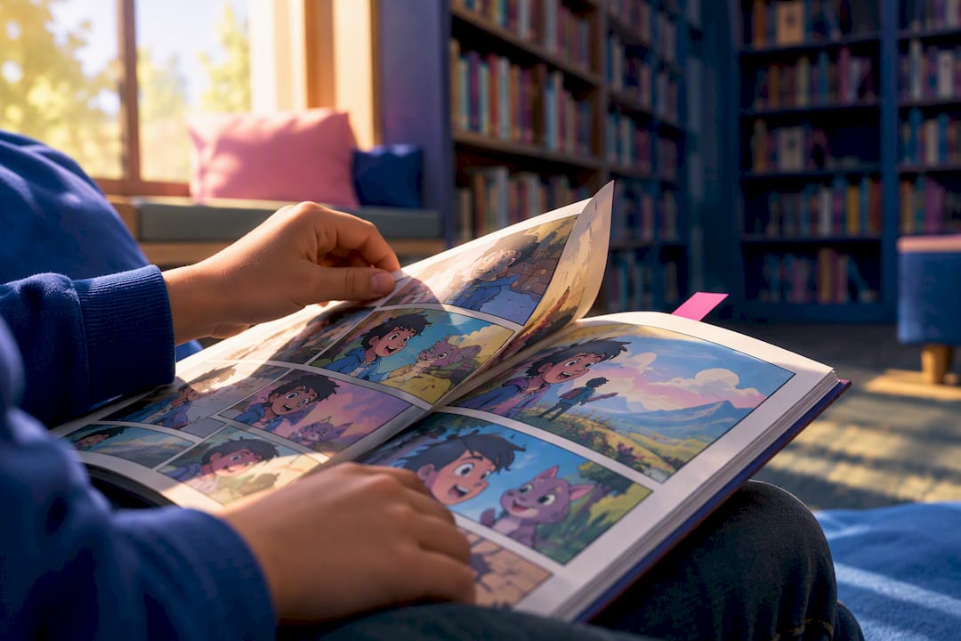 Child exploring an illustrated comic page