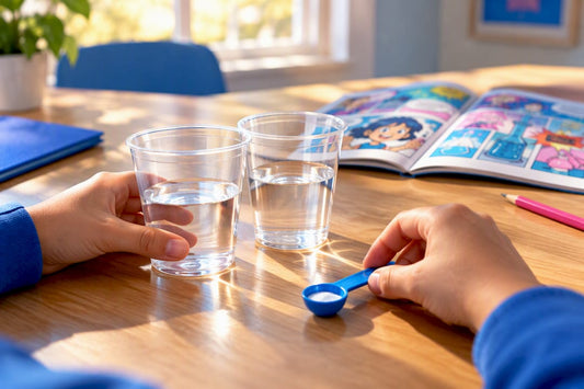 Child conducting science experiment beside comic pages