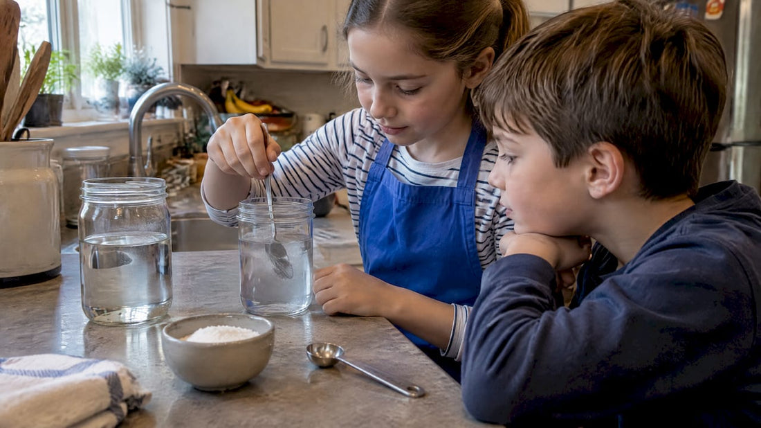 Children mixing salt into water experiment