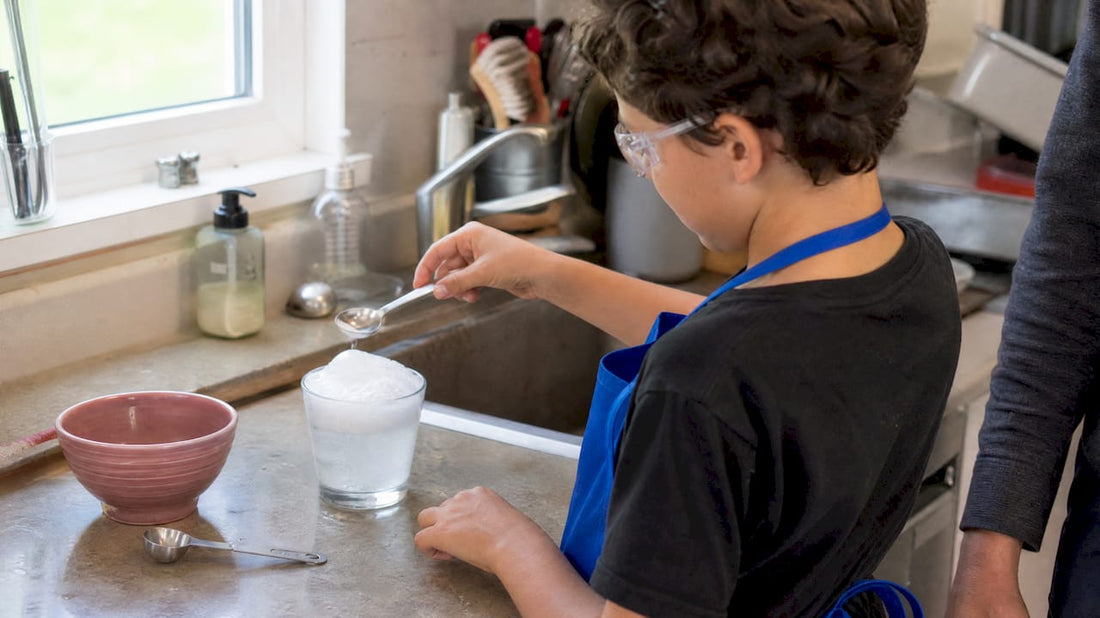 Child conducting a foaming kitchen chemistry experiment