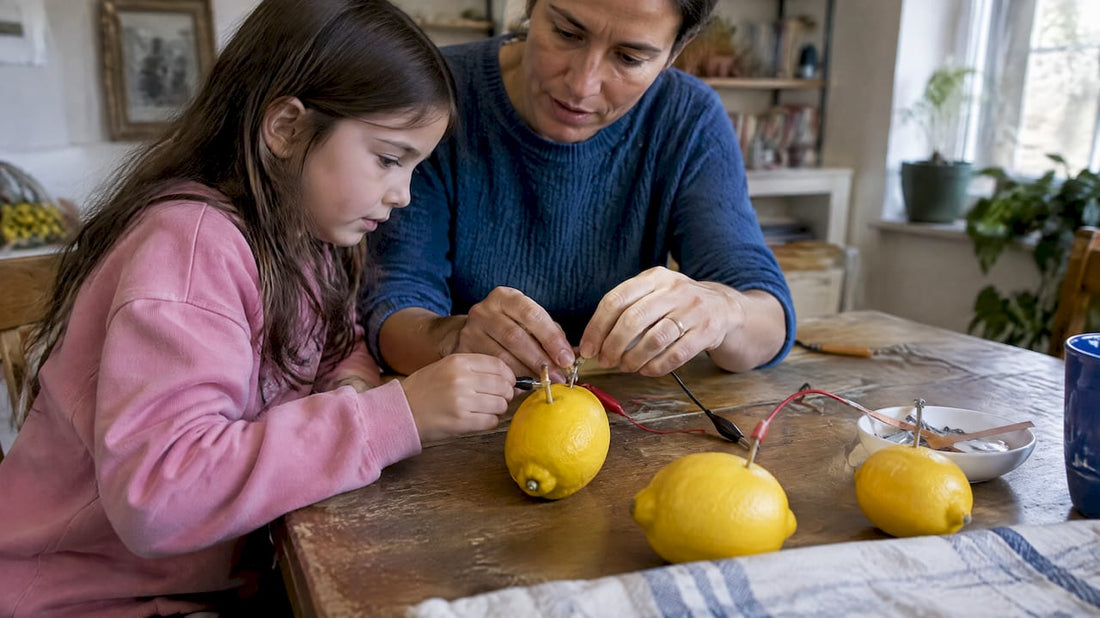 Parent and child building a lemon battery