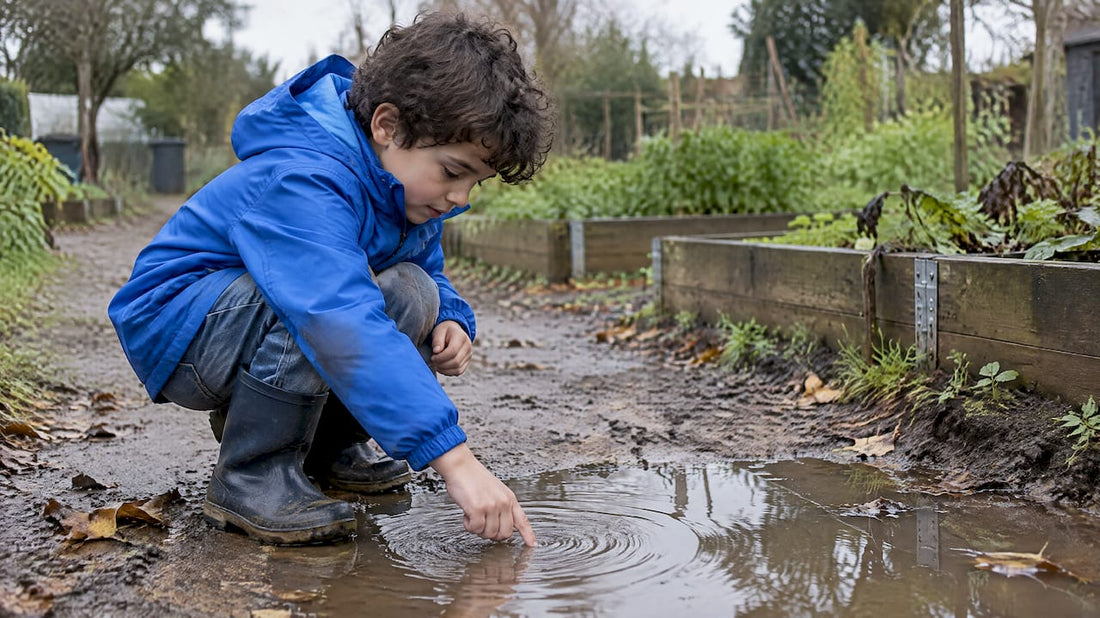 Child exploring ripples in a garden puddle