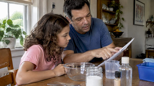 Parent and child reviewing experiment safety steps