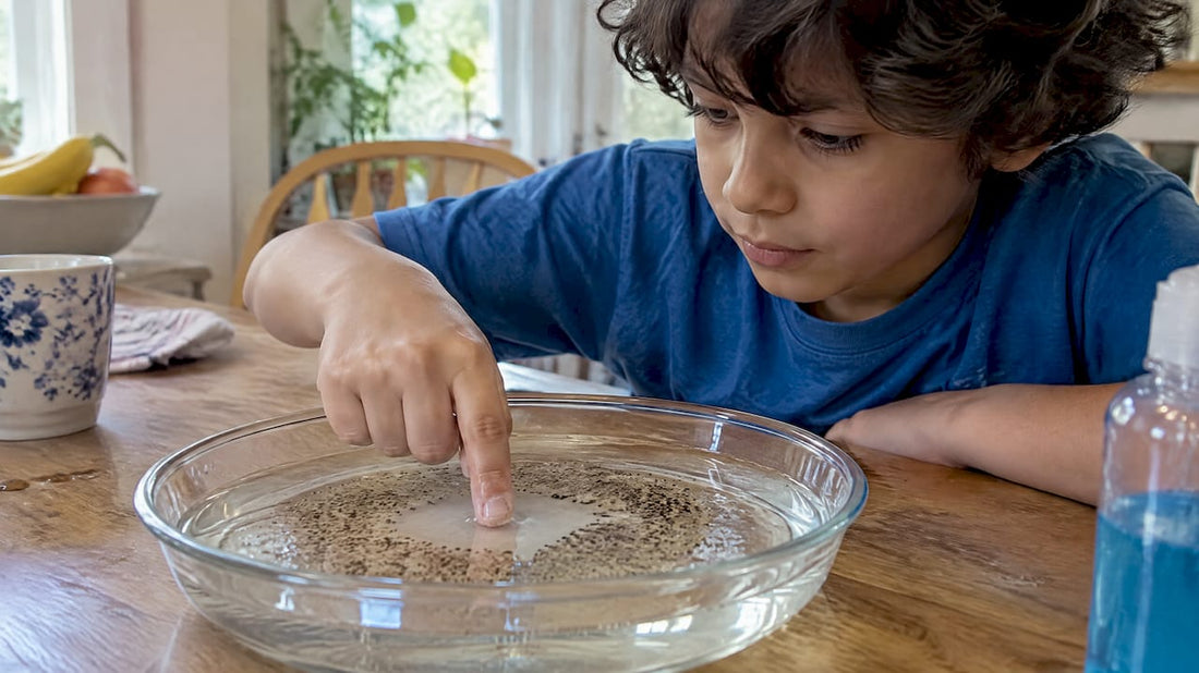 Child testing pepper and soap in water