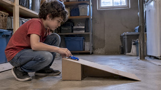 Child testing a toy car on a ramp