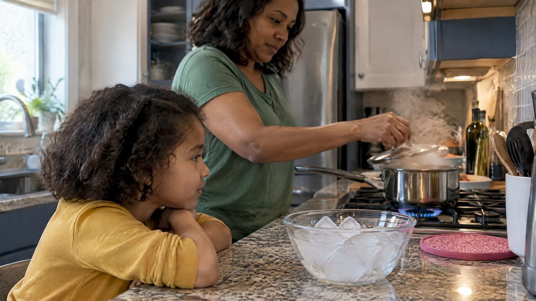 Child observes ice, water, and steam